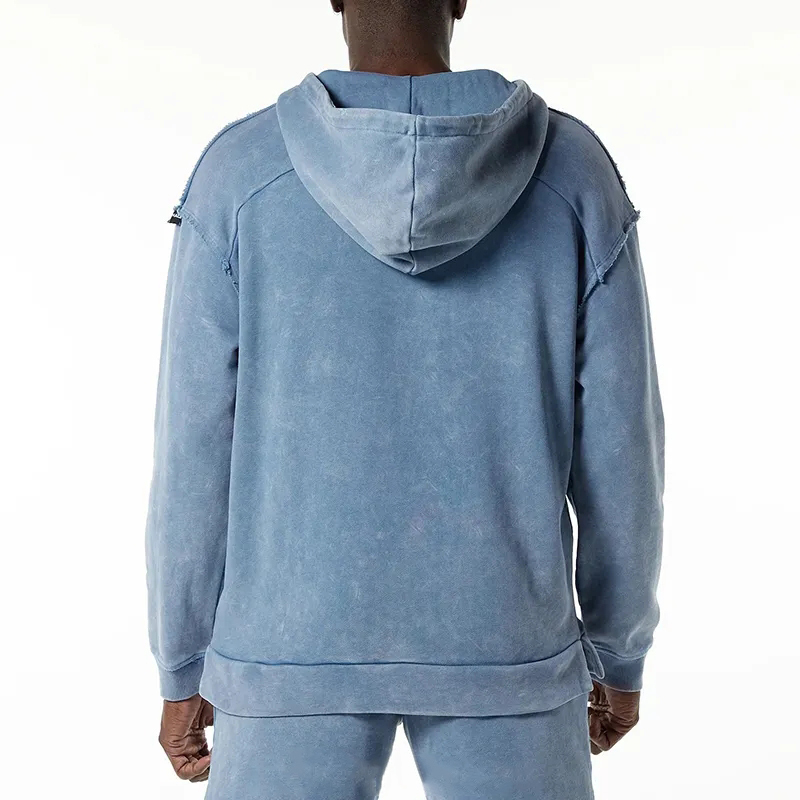 Wholesale Custom Logo Oversized 500 Gsm Raw Cut Seams Double Lined Pre-shrunk100% Cotton Men's Heavyweight Washed Terry Hoodie