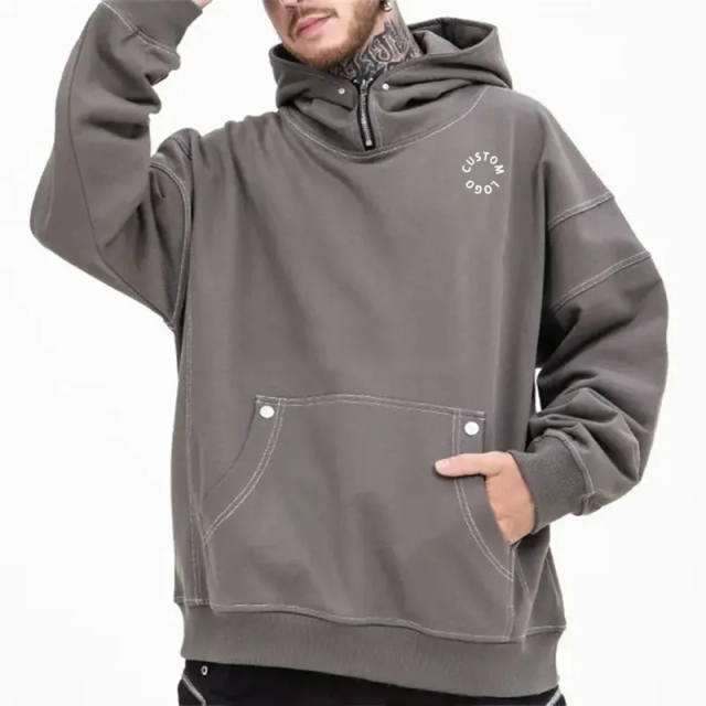 High Neck Zip Hoodie 100% Cotton Blank French Heavy Weight 500 Gsm Turtleneck Oversized Fit Custom Logo Men's Hoodies