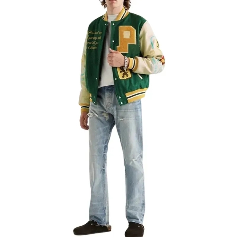 Oem Custom Leather Sleeve Cropped Jacket Chain Chenille Embroidery Vintage Letterman Varsity Jacket For Men