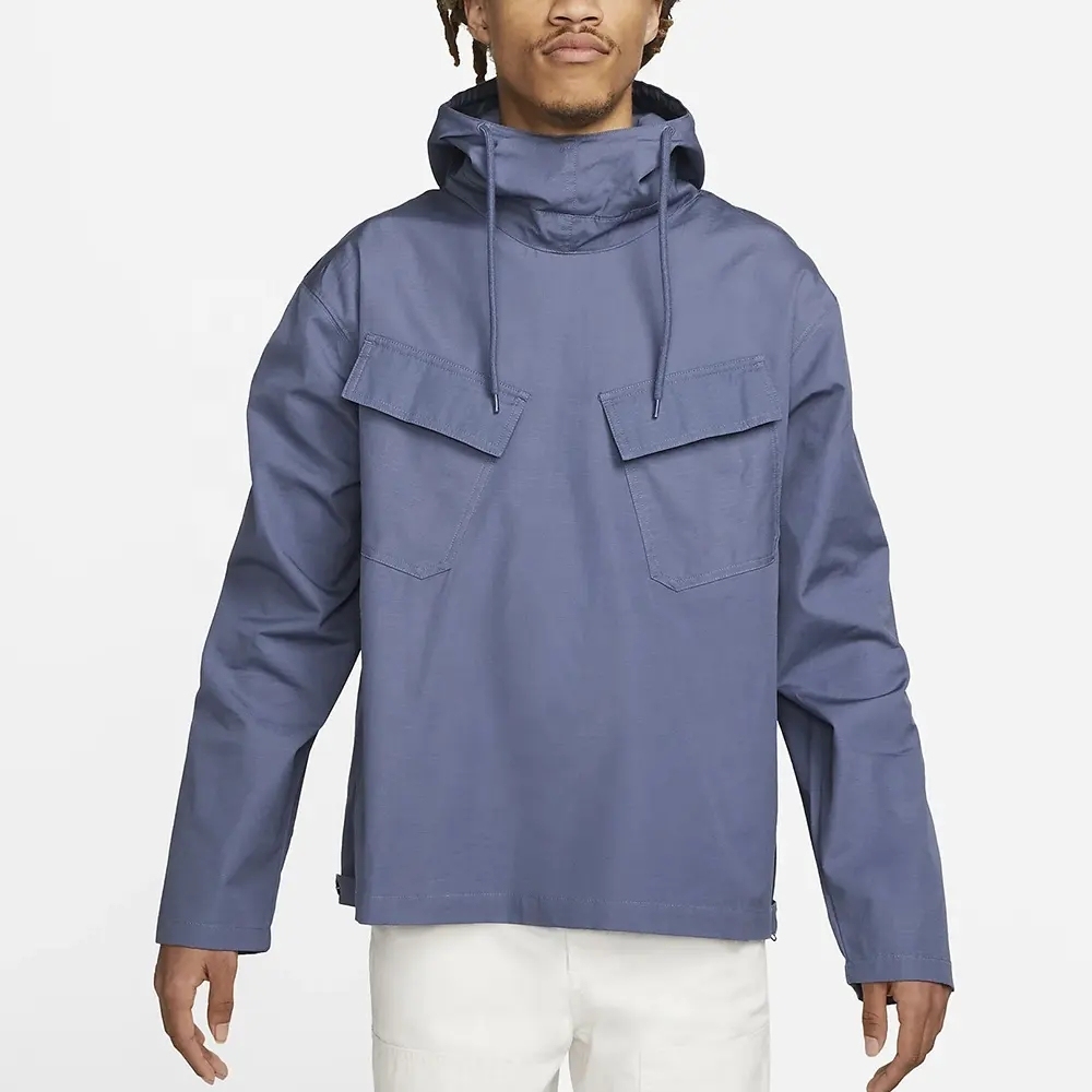 Custom Logo Oversize Outdoor 100% Cotton Windbreaker Woven Hooded Pullover Softshell Waterproof Cargo Jacket For Men