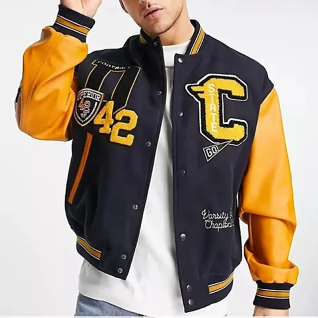 Custom Chenille Embroidery Patch Contrast Leather Sleeves Bomber Baseball Letterman Varsity Jacket For Men