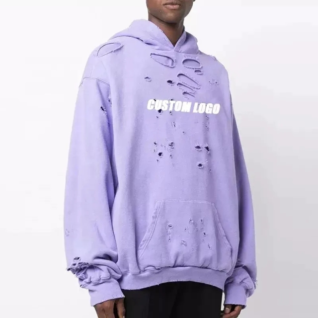 Men Custom Logo Print Oversized 100% Cotton Classic Hood Long Sleeve Ripped Vintage Distressed Hoodie