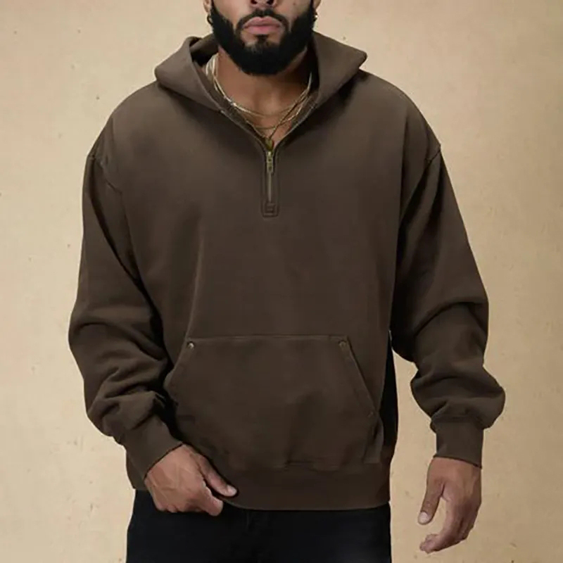 Custom Design Sports Training Half Zip Pullover 100% Cotton Boxy Drop Shoulder Oversized Blank Quarter Zip Hoodies Men