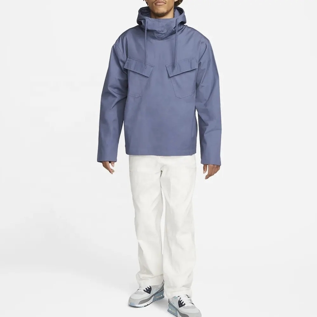 Custom Logo Oversize Outdoor 100% Cotton Windbreaker Woven Hooded Pullover Softshell Waterproof Cargo Jacket For Men