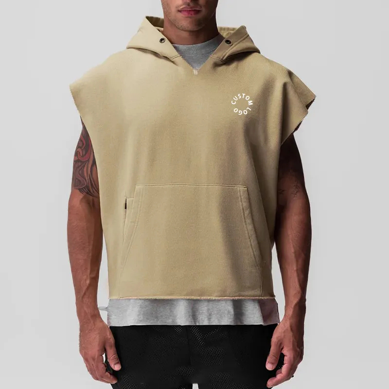 Custom Sports Breathable Sweat Wicking Sleeveless Drop Shoulder Oversized Blank Cropped Essentials Raw Hem Cutoff Hoodies Men