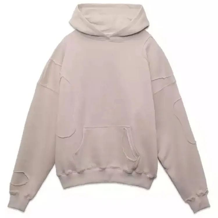 Oem Mens Heavy Weight Oversized Hoodie No Drawstring French Terry Cotton Blank Distressed Patchwork Hoodie For Men