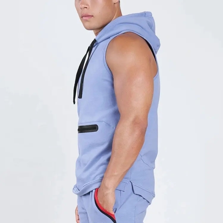 High Quality Men Custom Fit Lightweight Sports Training Zipper Pocket Sleeveless Hoodie