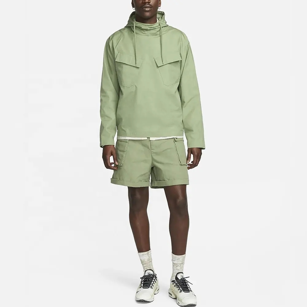 Custom Logo Oversize Outdoor 100% Cotton Windbreaker Woven Hooded Pullover Softshell Waterproof Cargo Jacket For Men