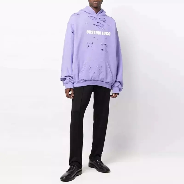 Men Custom Logo Print Oversized 100% Cotton Classic Hood Long Sleeve Ripped Vintage Distressed Hoodie