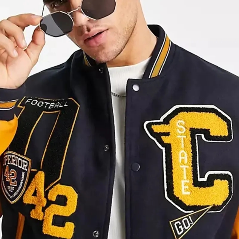 Custom Chenille Embroidery Patch Contrast Leather Sleeves Bomber Baseball Letterman Varsity Jacket For Men