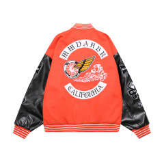 Streetwear Skull Elements Patch Embroidery PU Leather Patchwork Baseball Uniform Loose Jacket