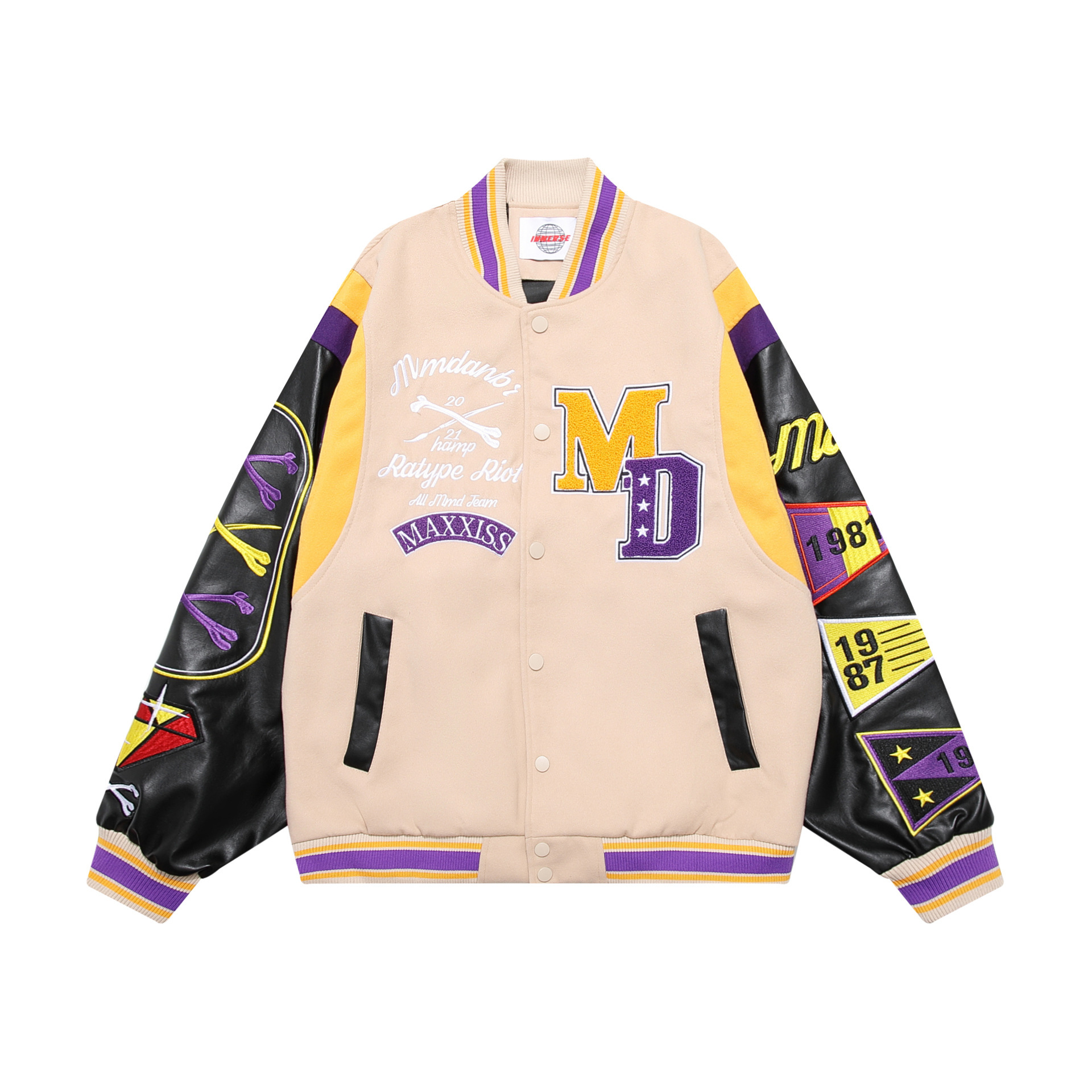 Streetwear patchwork embroidered PU leather patchwork baseball uniform loose jacket