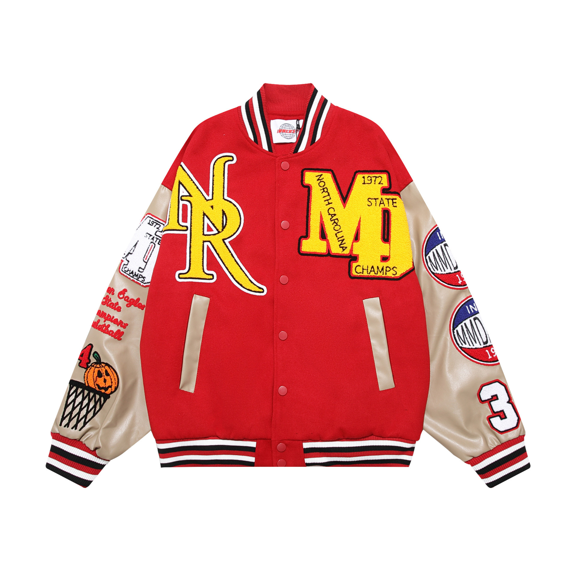 Retro towel embroidery PU splicing baseball uniform men's and women's hip-hop loose casual jacket