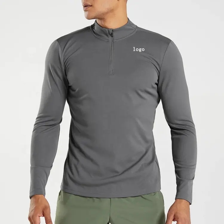 Custom Logo Half Zip Gym Shirt High Quality Polyester Spandex Activewear Club Quarter Zip Compression Long Sleeve Shirt For Men
