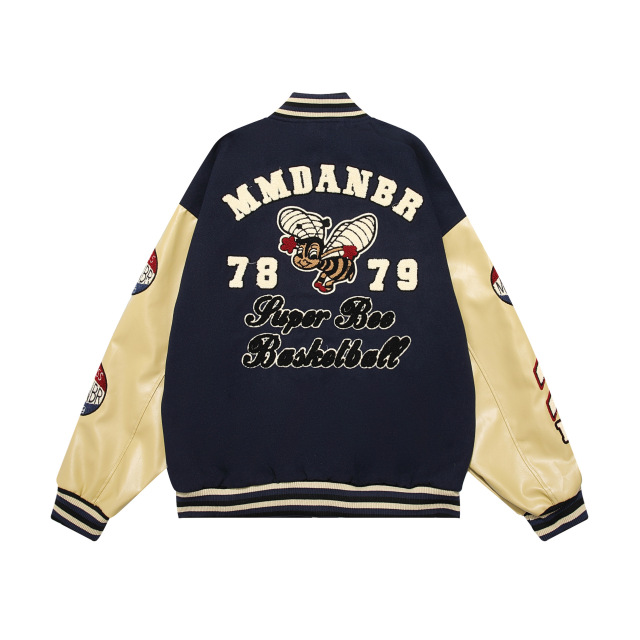 Towel embroidered flocking baseball jacket for women autumn and winter high street contrasting color splicing jacket