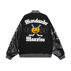 Streetwear Flocked Jacquard Baseball Jacket Loose Patchwork Leather Sleeve Jacket