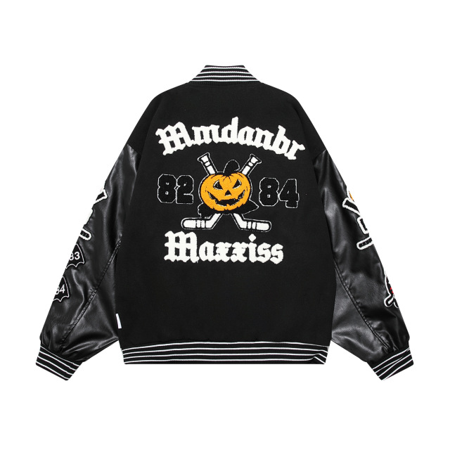 Streetwear Flocked Jacquard Baseball Jacket Loose Patchwork Leather Sleeve Jacket
