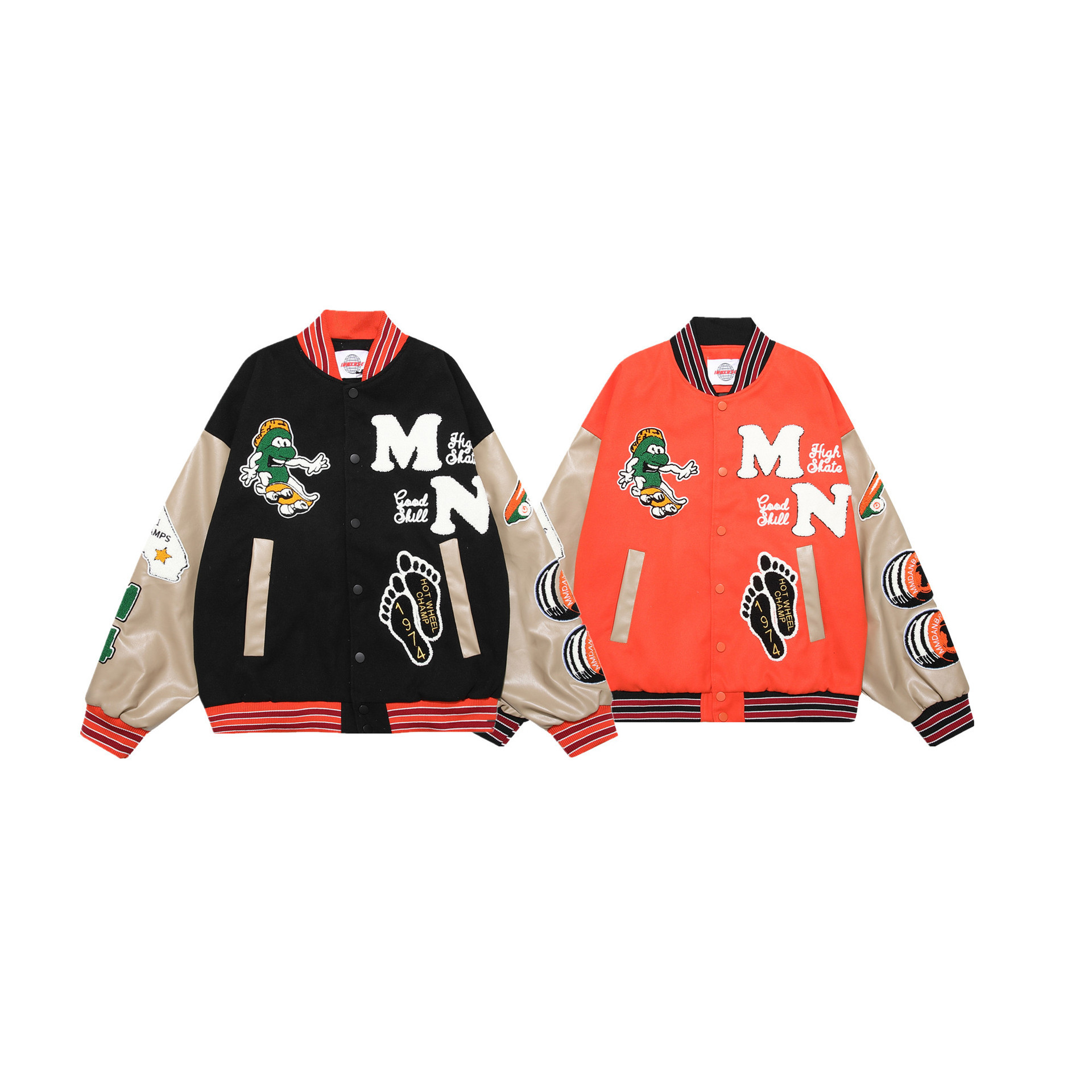 Towel embroidered leather patchwork loose casual college style baseball jacket