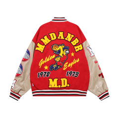 Retro towel embroidery PU splicing baseball uniform men's and women's hip-hop loose casual jacket