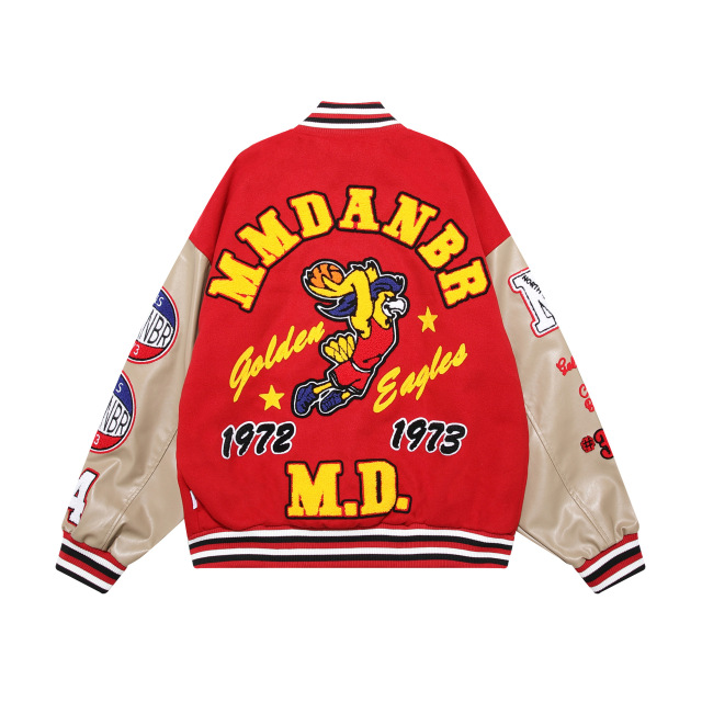 Retro towel embroidery PU splicing baseball uniform men's and women's hip-hop loose casual jacket