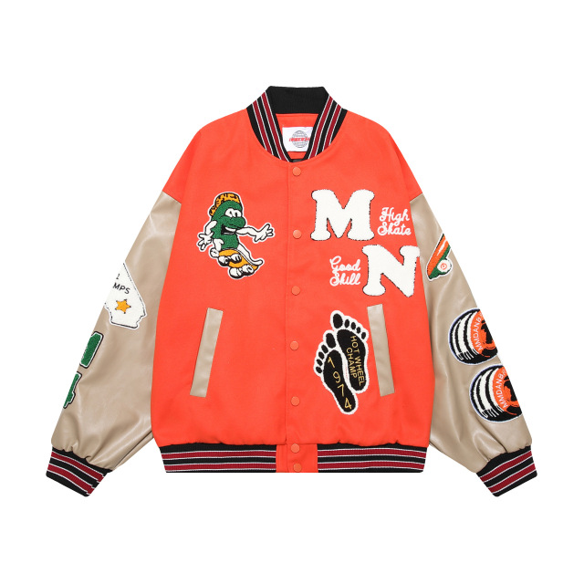 Towel embroidered leather patchwork loose casual college style baseball jacket