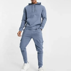 Customize Design Embroidery Logo Hoodie And Cargo Pants 2 Piece Sets Oversized 100% Cotton Rib Baby Blue Tracksuit For Men