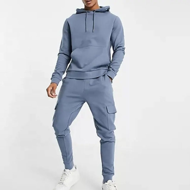 Customize Design Embroidery Logo Hoodie And Cargo Pants 2 Piece Sets Oversized 100% Cotton Rib Baby Blue Tracksuit For Men