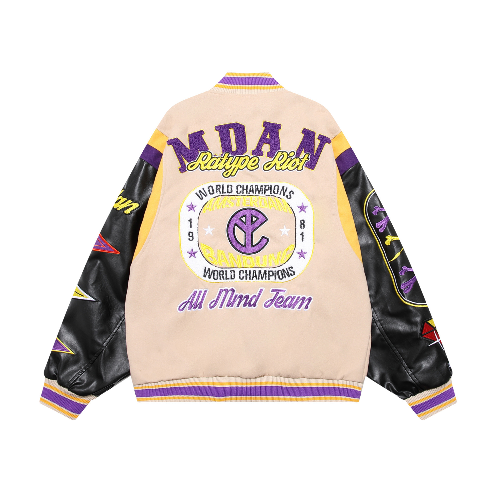 Streetwear patchwork embroidered PU leather patchwork baseball uniform loose jacket