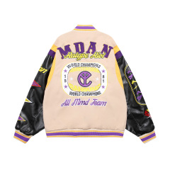 Streetwear patchwork embroidered PU leather patchwork baseball uniform loose jacket