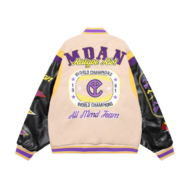 Streetwear patchwork embroidered PU leather patchwork baseball uniform loose jacket
