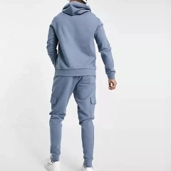 Customize Design Embroidery Logo Hoodie And Cargo Pants 2 Piece Sets Oversized 100% Cotton Rib Baby Blue Tracksuit For Men