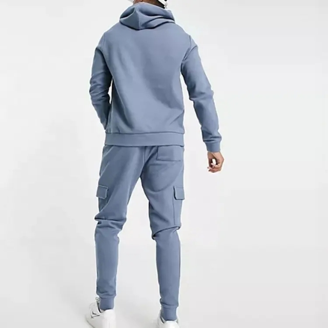 Customize Design Embroidery Logo Hoodie And Cargo Pants 2 Piece Sets Oversized 100% Cotton Rib Baby Blue Tracksuit For Men
