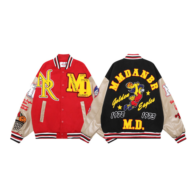 Retro towel embroidery PU splicing baseball uniform men's and women's hip-hop loose casual jacket