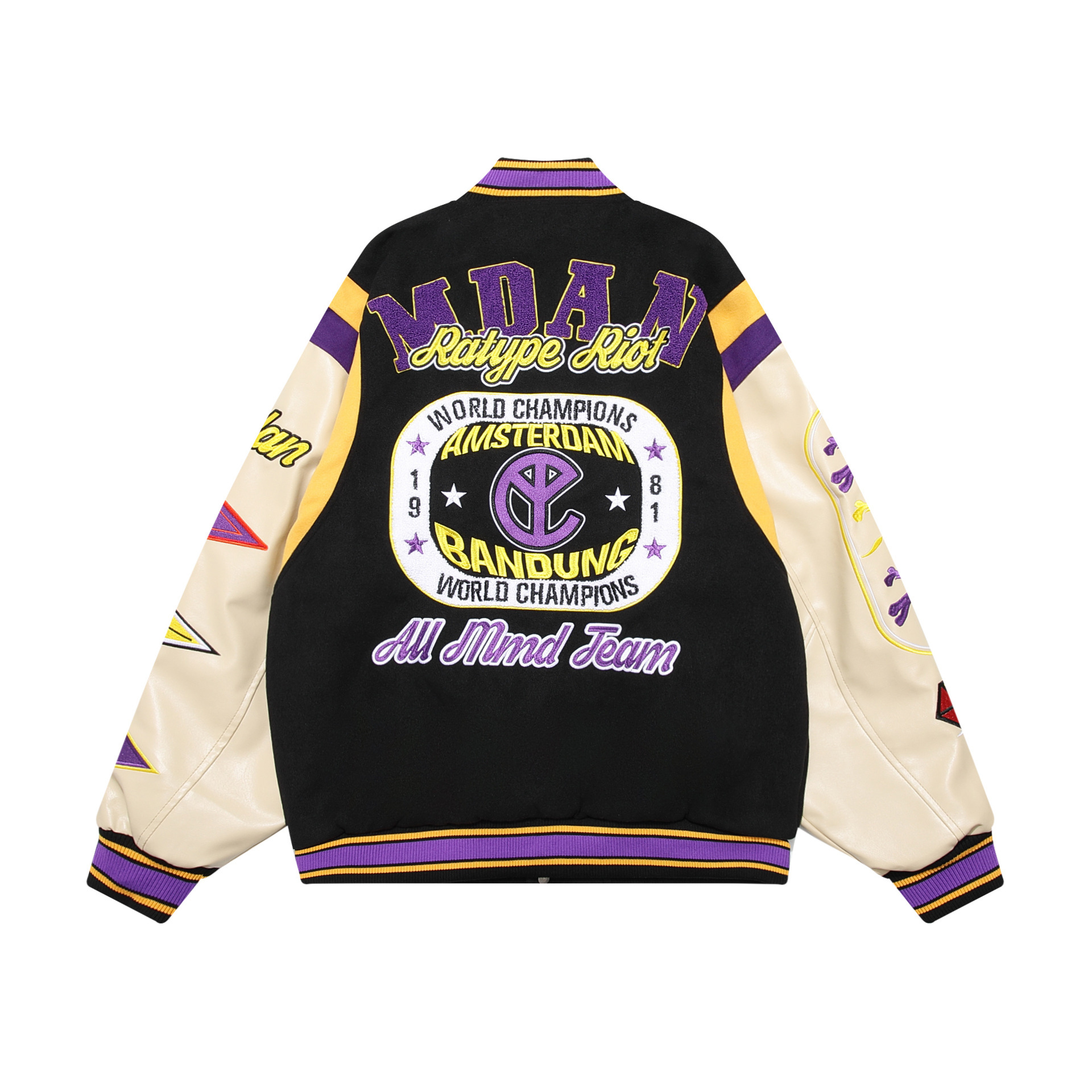 Streetwear patchwork embroidered PU leather patchwork baseball uniform loose jacket