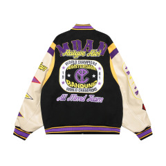 Streetwear patchwork embroidered PU leather patchwork baseball uniform loose jacket