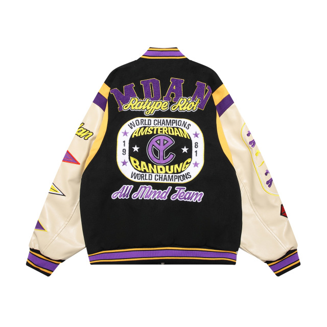 Streetwear patchwork embroidered PU leather patchwork baseball uniform loose jacket