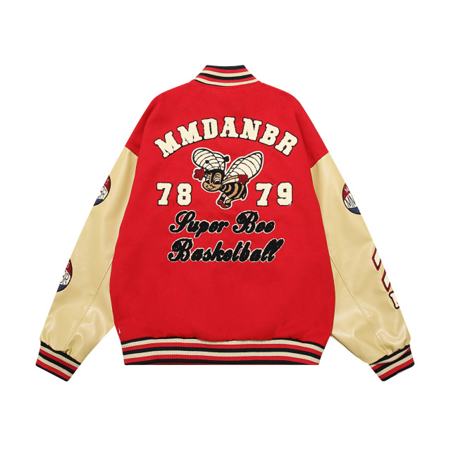 Towel embroidered flocking baseball jacket for women autumn and winter high street contrasting color splicing jacket