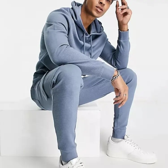 Customize Design Embroidery Logo Hoodie And Cargo Pants 2 Piece Sets Oversized 100% Cotton Rib Baby Blue Tracksuit For Men