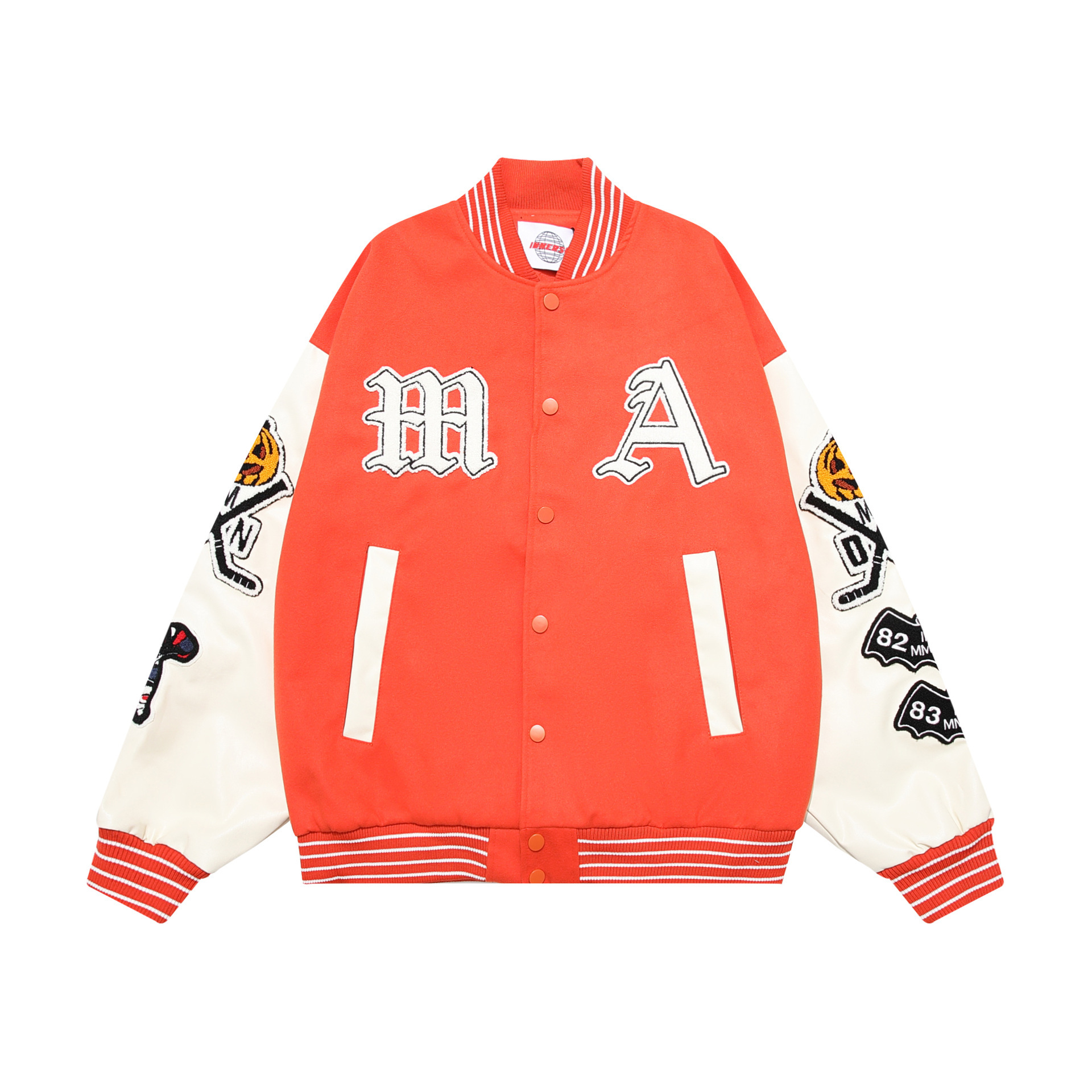 Streetwear Flocked Jacquard Baseball Jacket Loose Patchwork Leather Sleeve Jacket
