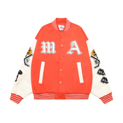 Streetwear Flocked Jacquard Baseball Jacket Loose Patchwork Leather Sleeve Jacket