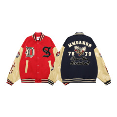 Towel embroidered flocking baseball jacket for women autumn and winter high street contrasting color splicing jacket