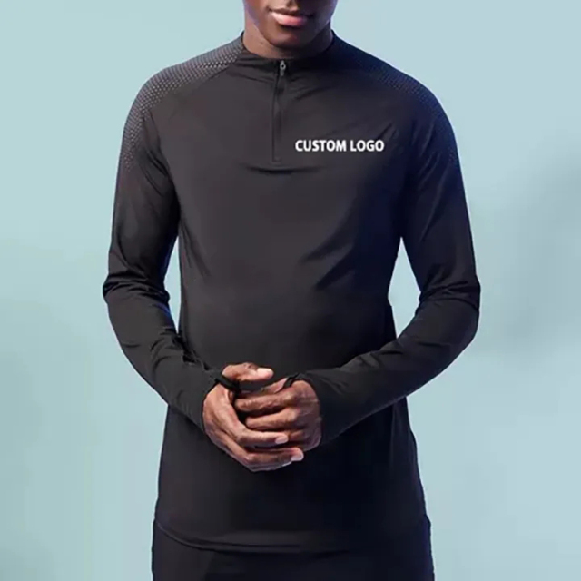 Oem Custom Logo 1/4 Zip Compression Long Sleeves Half Zip Gym Shirt Slim Fit Sports Exercise Men's Athletic Quarter Zip Shirt