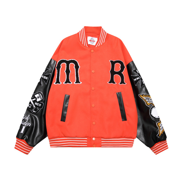Streetwear Skull Elements Patch Embroidery PU Leather Patchwork Baseball Uniform Loose Jacket