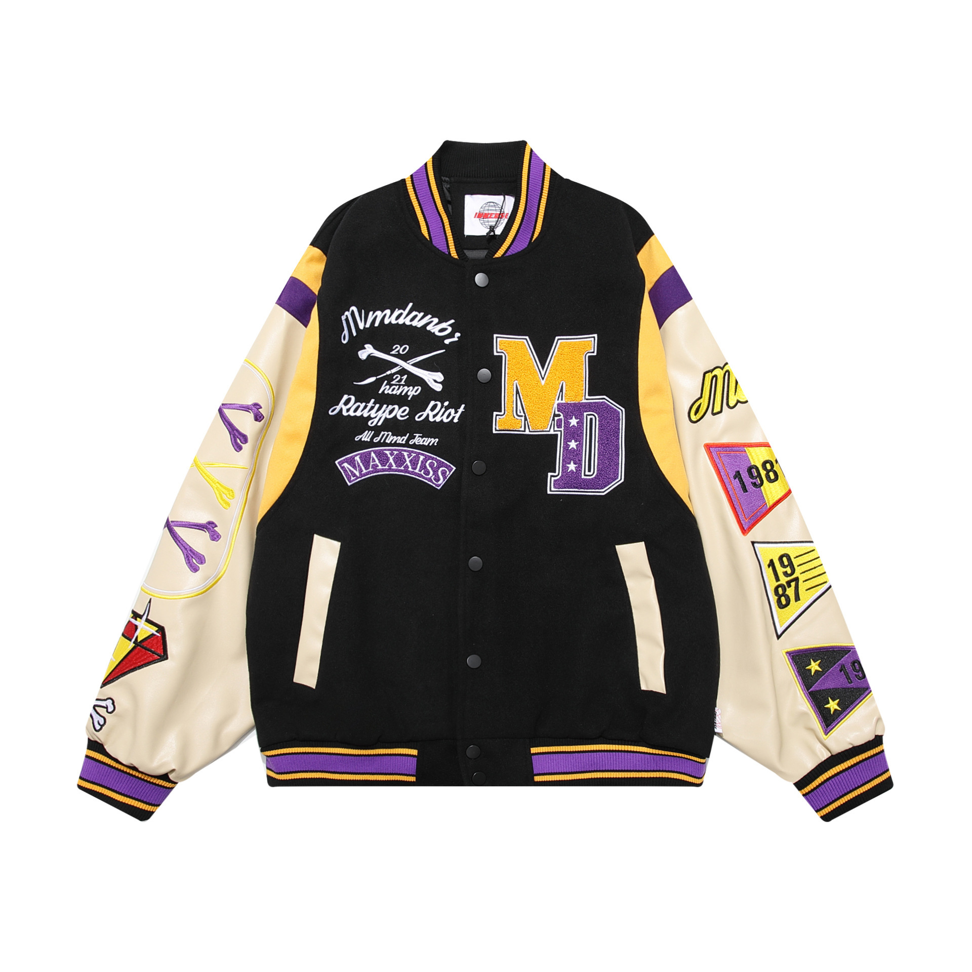 Streetwear patchwork embroidered PU leather patchwork baseball uniform loose jacket