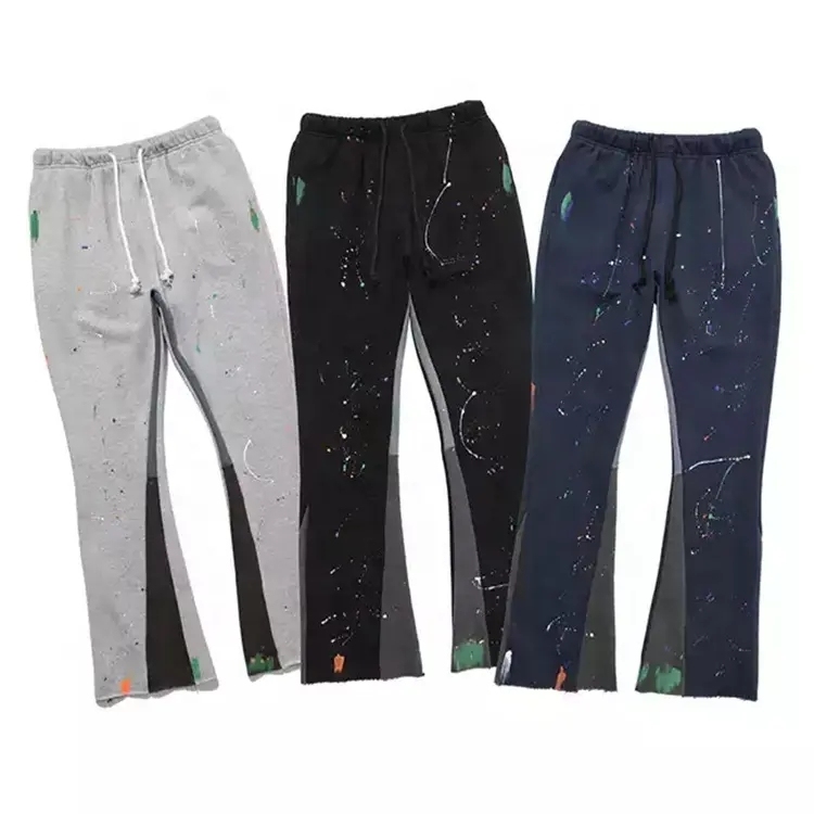 Custom Logo Flare Pants Wide Leg Baggy Streetwear Hip Hop Casual Paint Splatter Mens Flared Sweatpants For Men
