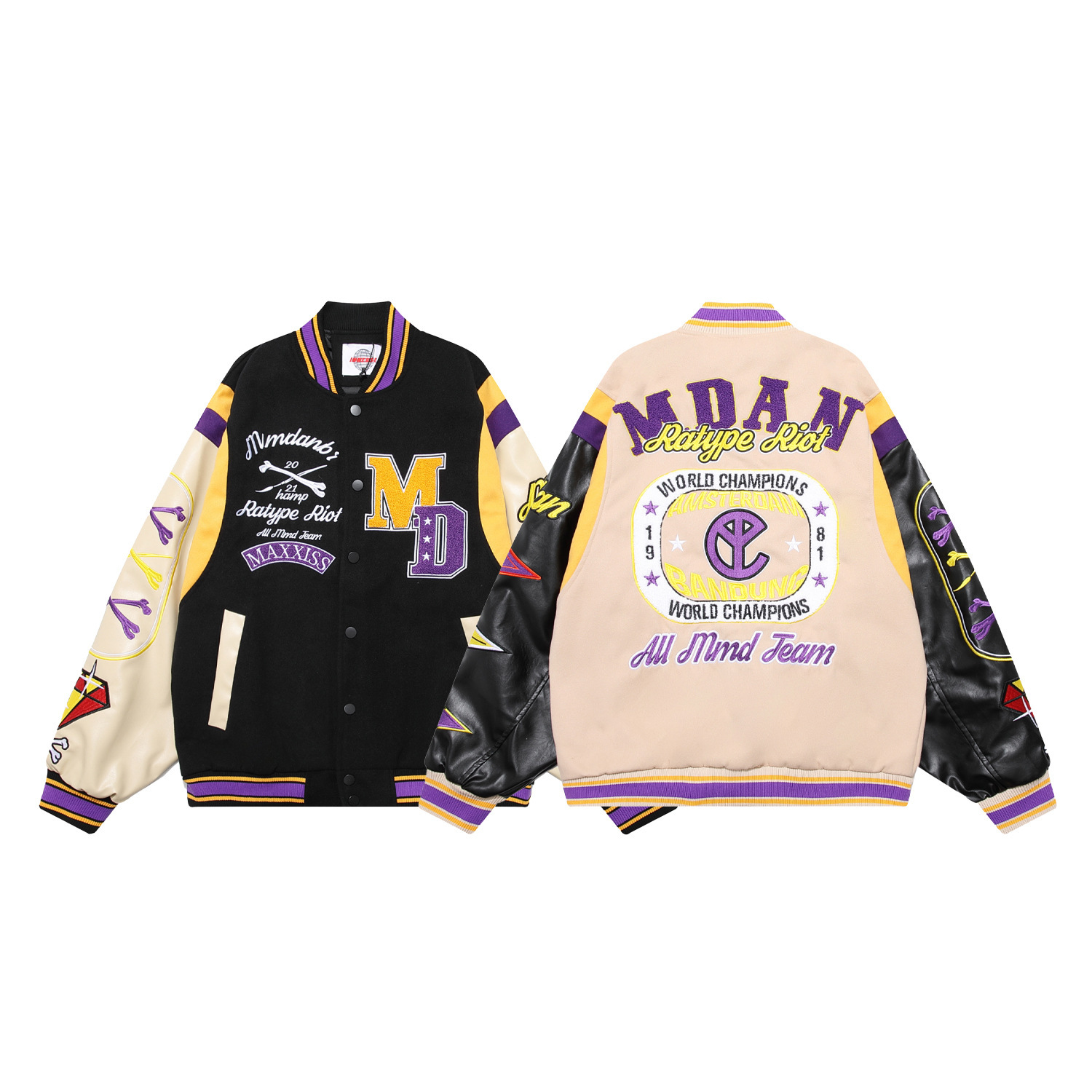 Streetwear patchwork embroidered PU leather patchwork baseball uniform loose jacket
