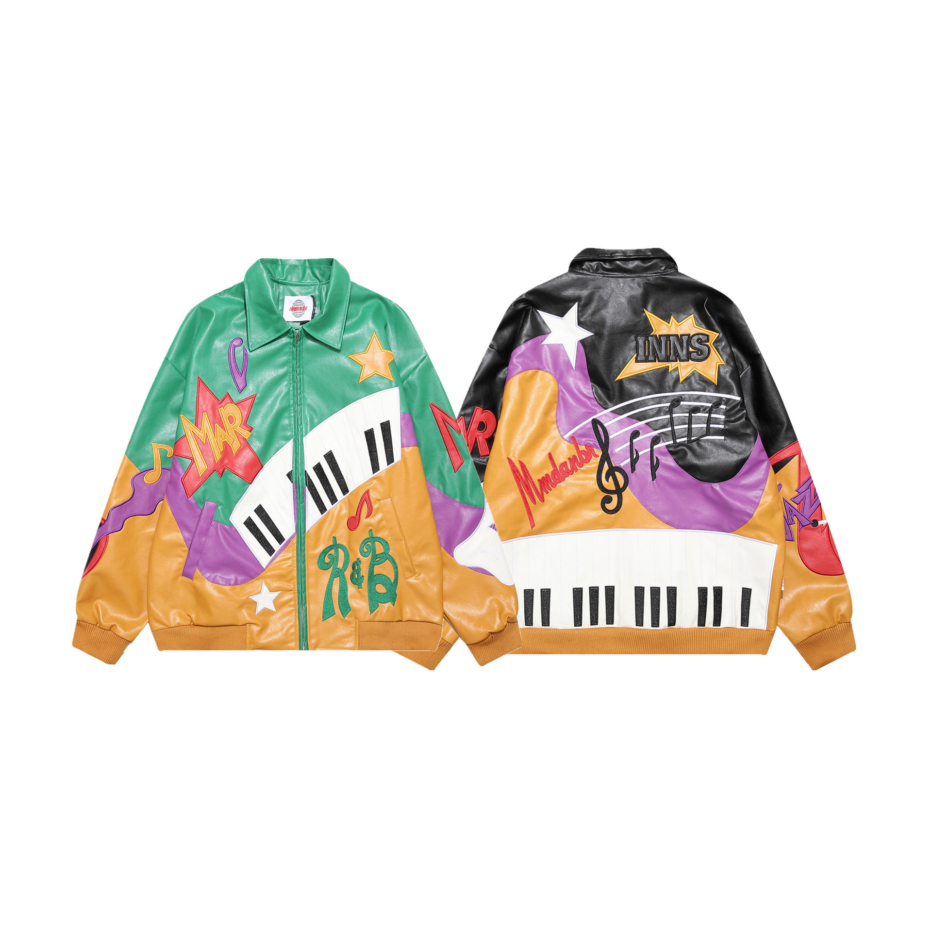 Color block leather note star letter embroidered lapel leather streetwear loose hip hop jacket