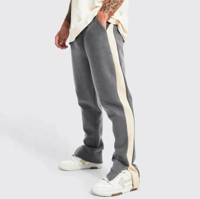 Custom Logo Printing Streetwear Sweatpants Brushed Heavyweight Fleece Side Stripe Panelled Split Hem Flared Jogger For Men