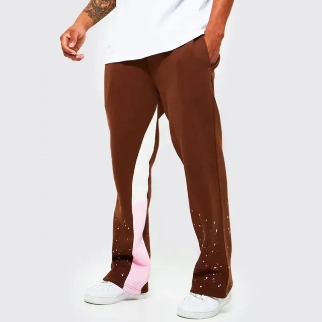 Oem Custom Logo Mens Straight Leg Panel Paint Splatter Flare Jogger Streetwear French Terry Stack Flare Sweatpants For Men