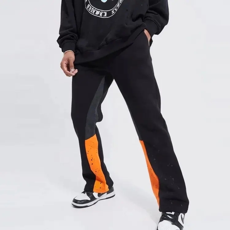 Oem Custom Logo Mens Straight Leg Panel Paint Splatter Flare Jogger Streetwear French Terry Stack Flare Sweatpants For Men